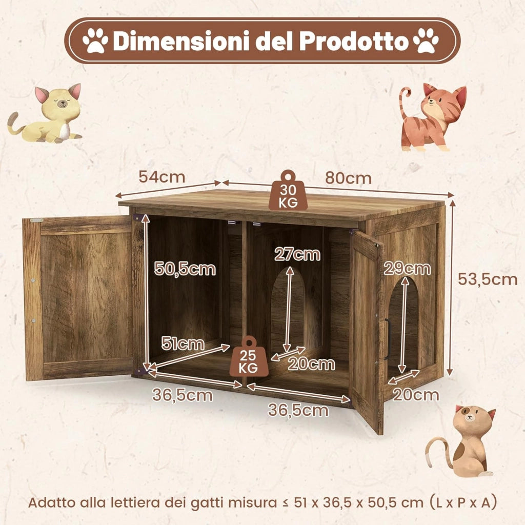 Mobile Lettiera per Gatti in Legno con Piano Ampio e Apribile, Interno Sapzioso e Divisorio Rimovibile, Casetta per Gatti da Interno in Stile Fienile con 2 Ingressi, 80 x 54 x 53,5 cm