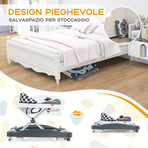 Girello per Bambini 6 in 1, Primi Passi per Neonati con Altezza Regolabile, Sedia a Dondolo per Bambini, Girello Pieghevole con Vassoio Musicale, Cuscino, per Bambini 6+ Mesi (Grigio)