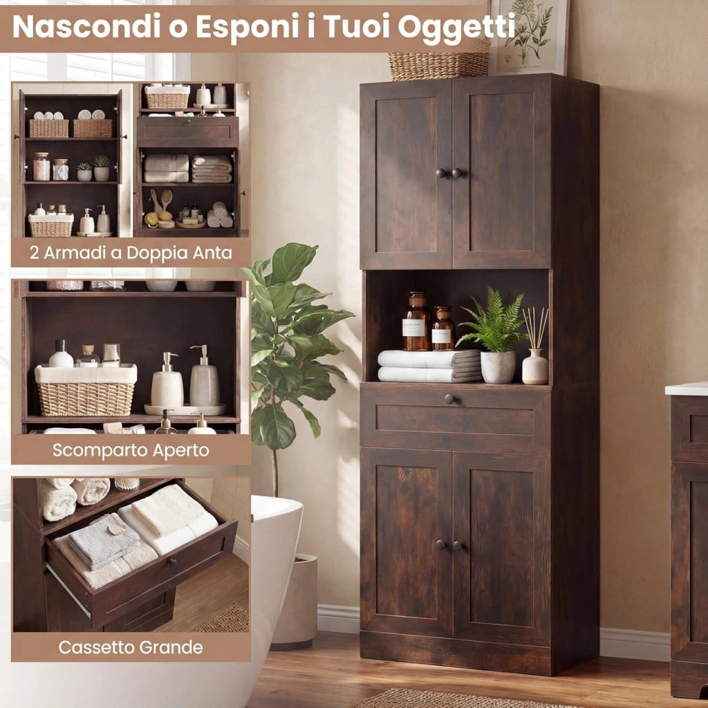 Mobile da Bagno Salvaspazio, Mobile da Terra con 4 Ante, 1 Cassetto, Vano Aperto e Ripiani Regolabili, Credenza Dispensa Cucina in Lgeno per Soggiorno e Ingresso, 60 x 35 x 171,5 cm (Marrone)