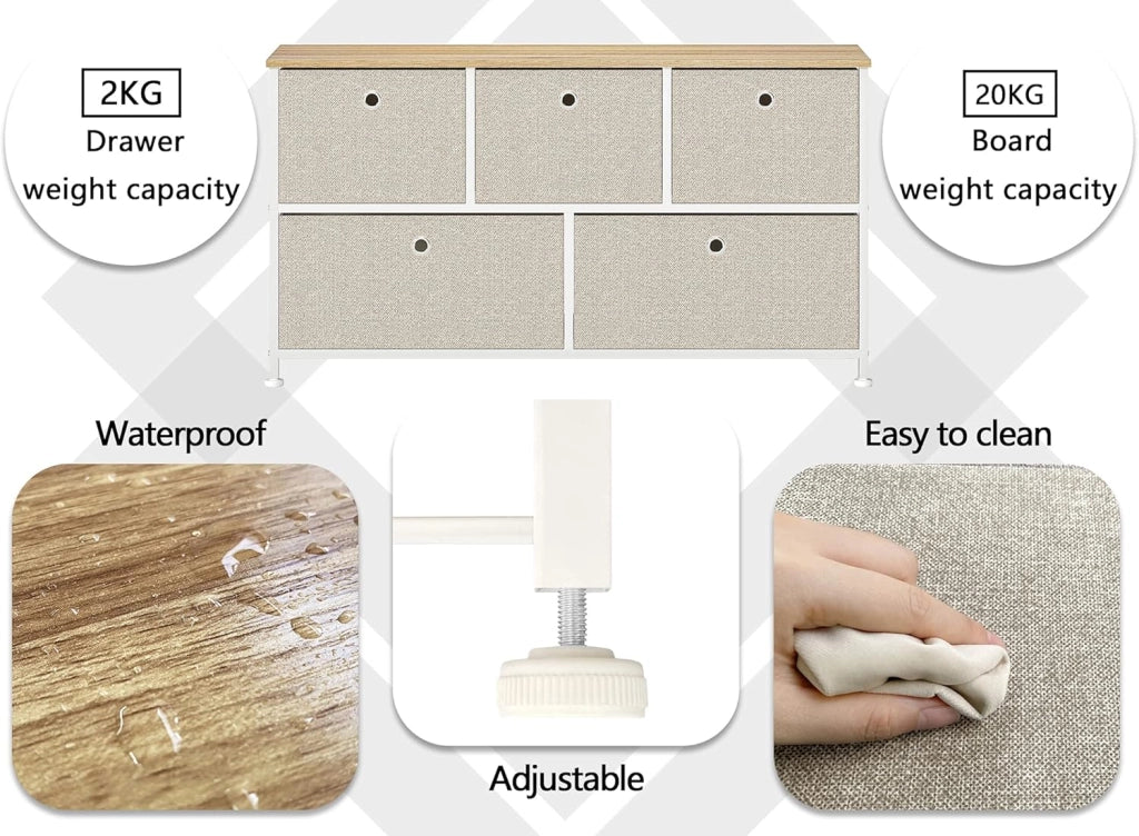 Cassettiera con 5 Cassetti in Tessuto Comodino Basso Design Organizer Pratico Metallo Armadietto Multiuso per Ingresso Camera da letto Cucina Corridoio Soggiorno in Legno e Acciaio Bianco e Beige