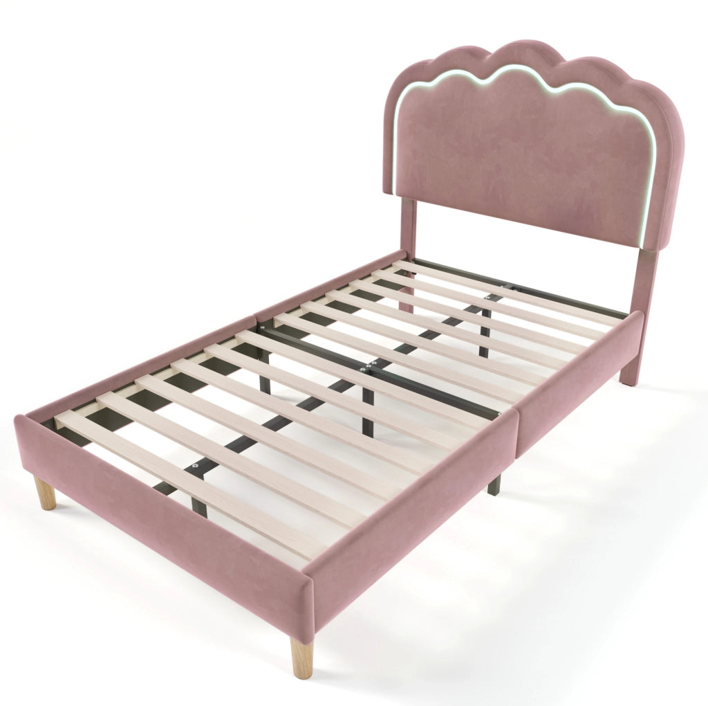 Letto singolo 90x190 cm; testiera LED regolabile; velluto rosa (Senza materasso)