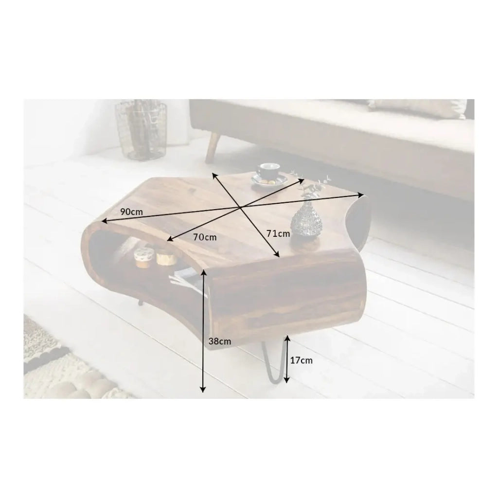Tavolino basso NERA 90 cm in legno massiccio di Sheesham con nicchia e piedi in metallo nero - stile retro industriale