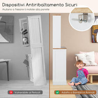 Credenza Alta per Cucina Porta Bidone della Spazzaturi, Mobile Cucina Dispensa con 2 Cassetti, Ante e 2 Ripiani Regolabili, Armadio Cucina in Legno di Gomma, 100 x 34 x 172 cm, Bianco