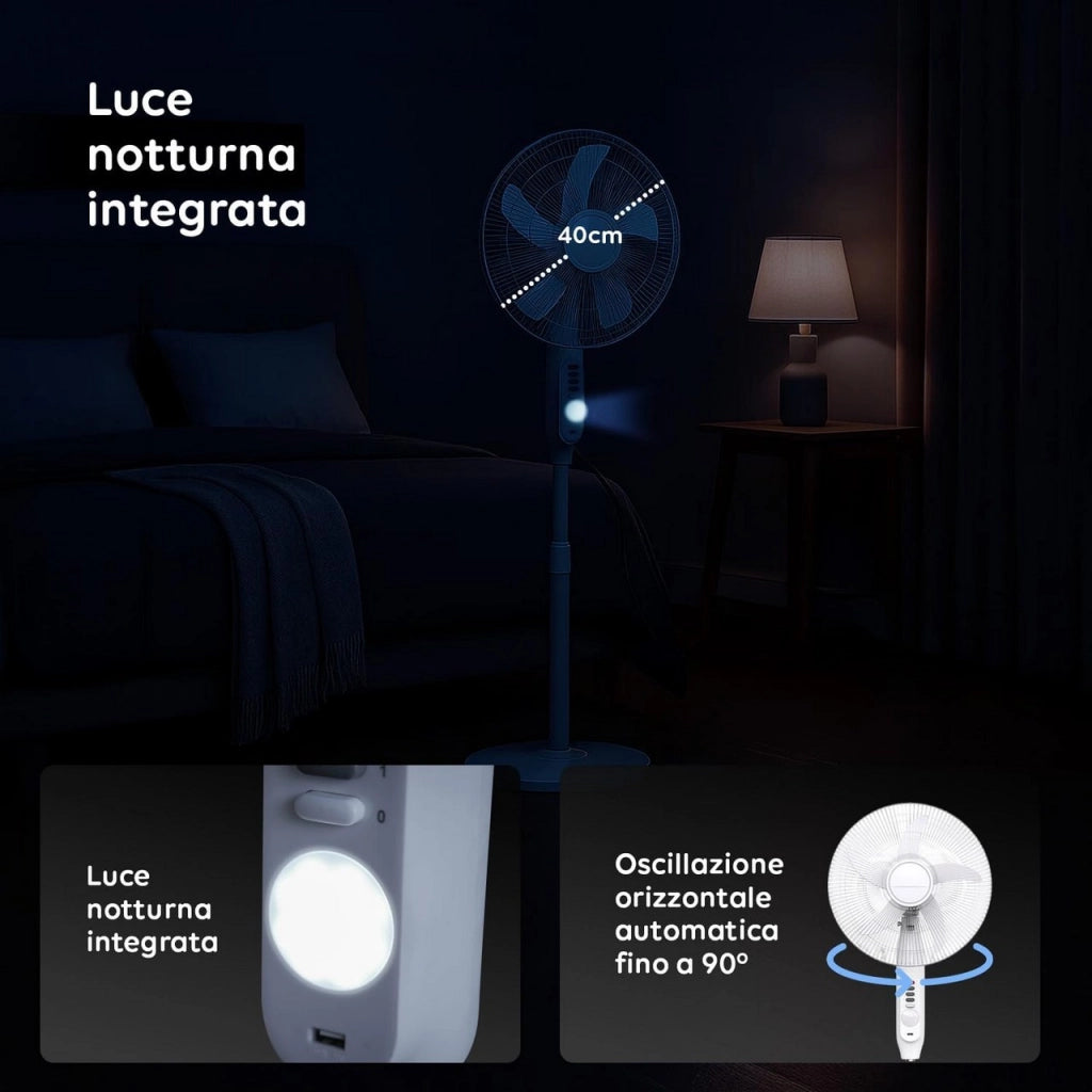 Ventilatore a Piantana oscillante con Luce LED con pannello solare, funziona senza corrente