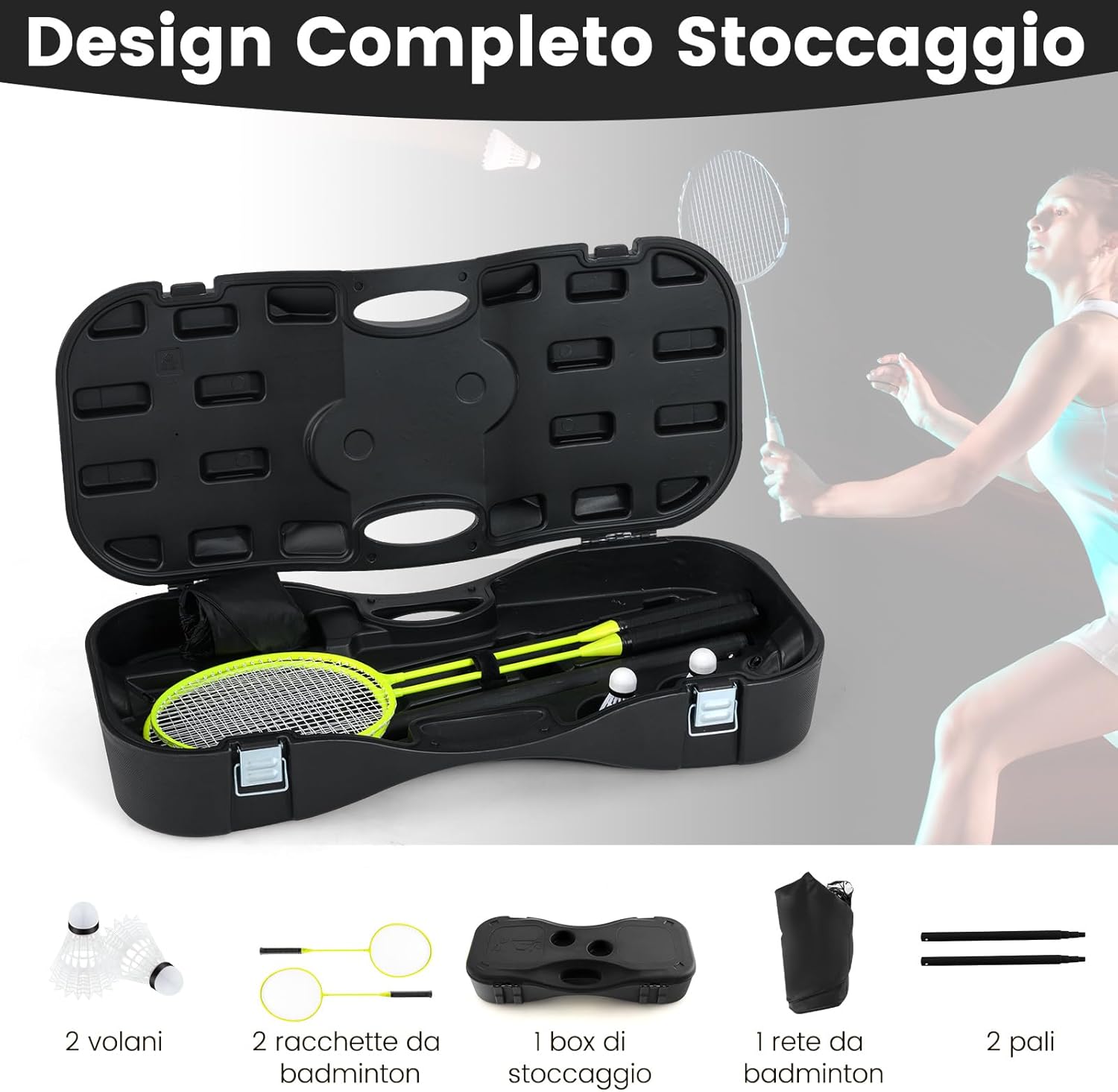 Set di Badminton con Rete, Racchette, 2 Volani e Scatola di Conservazione, Set di Badminton Portatile per 2 Giocatori da Esterno per Bambini, Ragazzi e Adulti