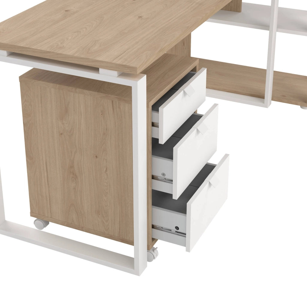 Scrivania Etienne, Scrittoio multiuso, Tavolo per ufficio porta PC, Piano di lavoro, 184x80 h205 cm, Rovere e Bianco