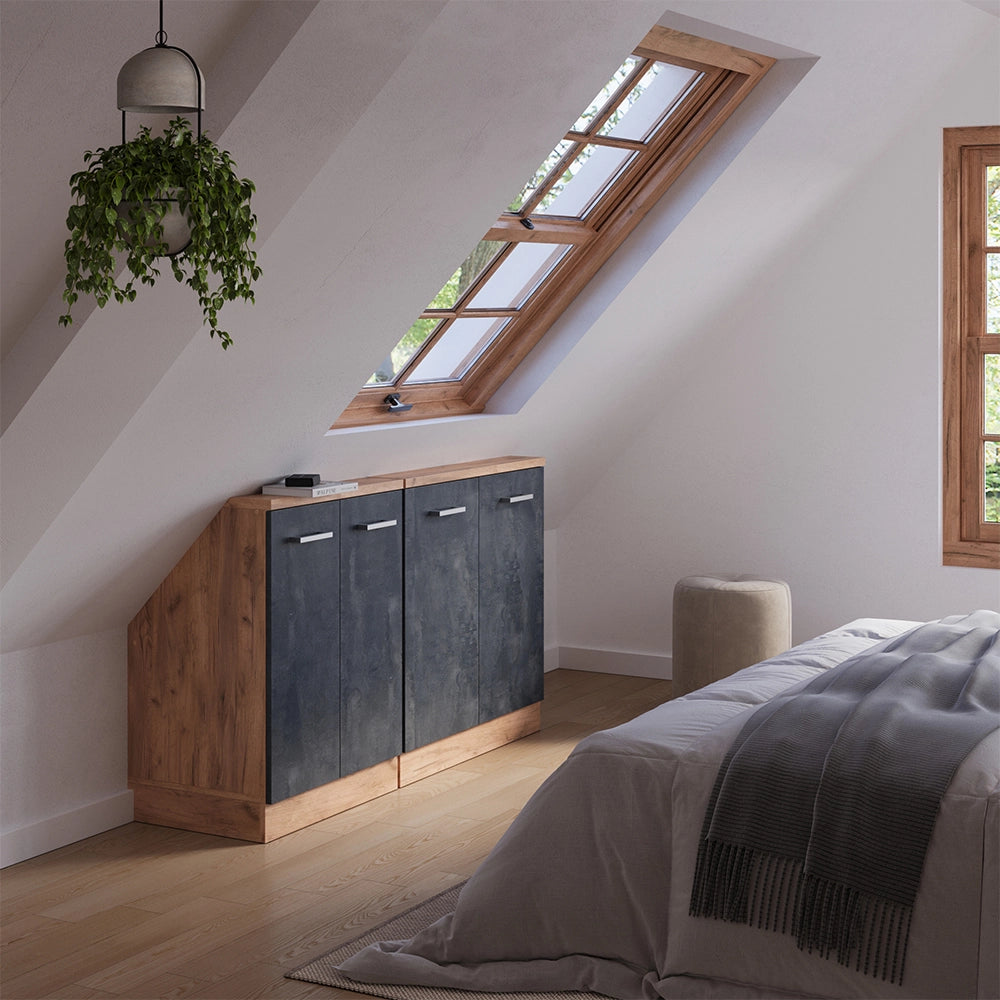 Mobile cucina sottotetto R-Line Calce nera/Rovere dorato 140 cm Set di 2 Vicco
