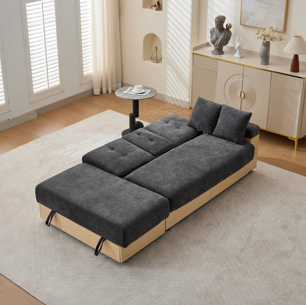 Divano letto grigio in chenille con contenitore e schienale regolabile