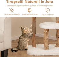 Tiragraffi per Gatti in Legno 110cm, Torre in Peluche Lunga per Animali Domestici con Pali in Corda di Juta Naturale e Palla Pendente, Albero Moderno per Gatti, Bianco e Naturale