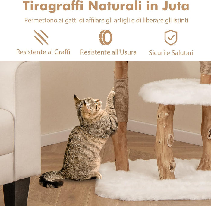 Tiragraffi per Gatti in Legno 110cm, Torre in Peluche Lunga per Animali Domestici con Pali in Corda di Juta Naturale e Palla Pendente, Albero Moderno per Gatti, Bianco e Naturale