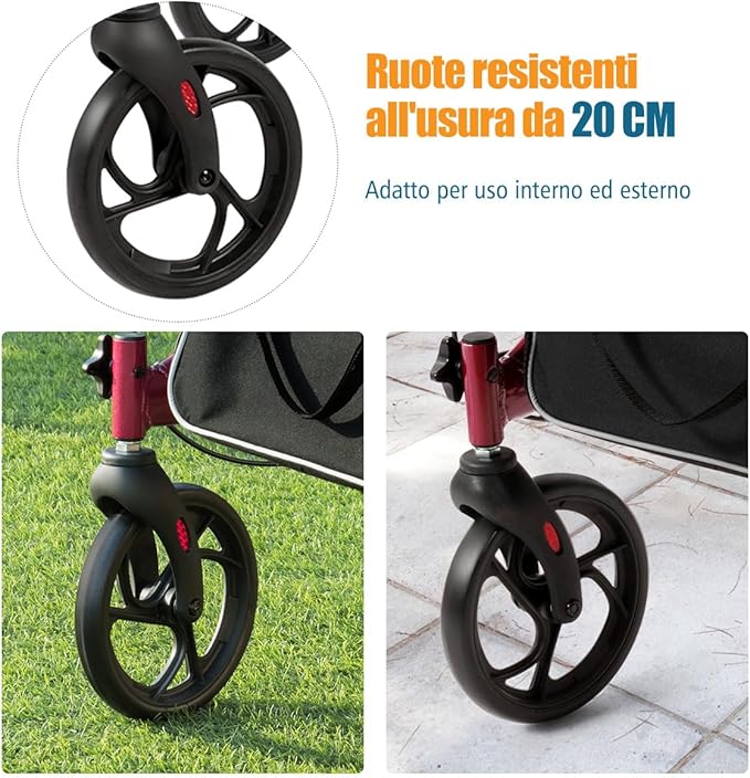 Deambulatore Pieghevole per Anziani Ultraleggero, con Sedile Borsa da Spesa e 4 Ruote Freno a Mano, Rollator Altezza Regolabile, Capacità 136kg, Lega di Alluminio, Nero (Rosso)