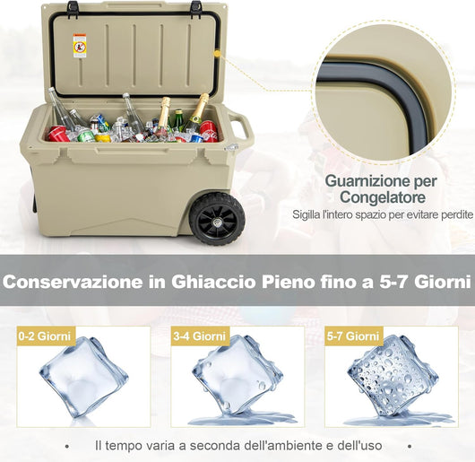 Frigorifero Portatile da 71 Litri con Ruote, Frigorifero da Campeggio con Manico, Frigo Portatile Resistente per Esterni a Tenuta Stagna, Fino 5-7 Giorni, per Campeggio, Picnic, Pesca