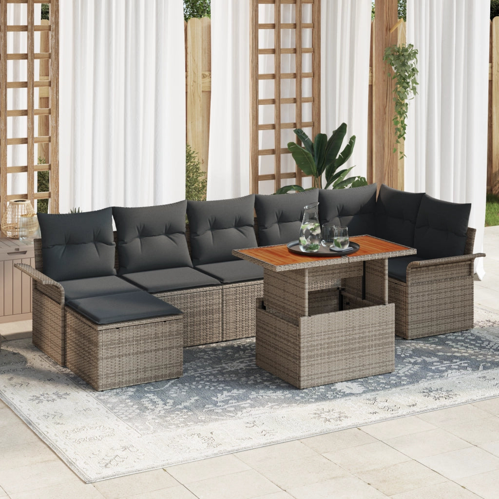 Set da Pranzo da Giardino in 8 Pezzi con Cuscini Grigio Polyrattan Acacia