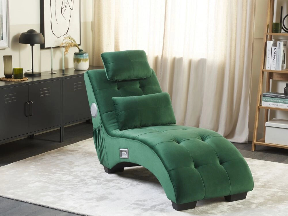 Chaise longue Velluto verde smeraldo Altoparlante Bluetooth integrato Caricabatterie USB Design moderno Divano curvo per 1 persona Soggiorno