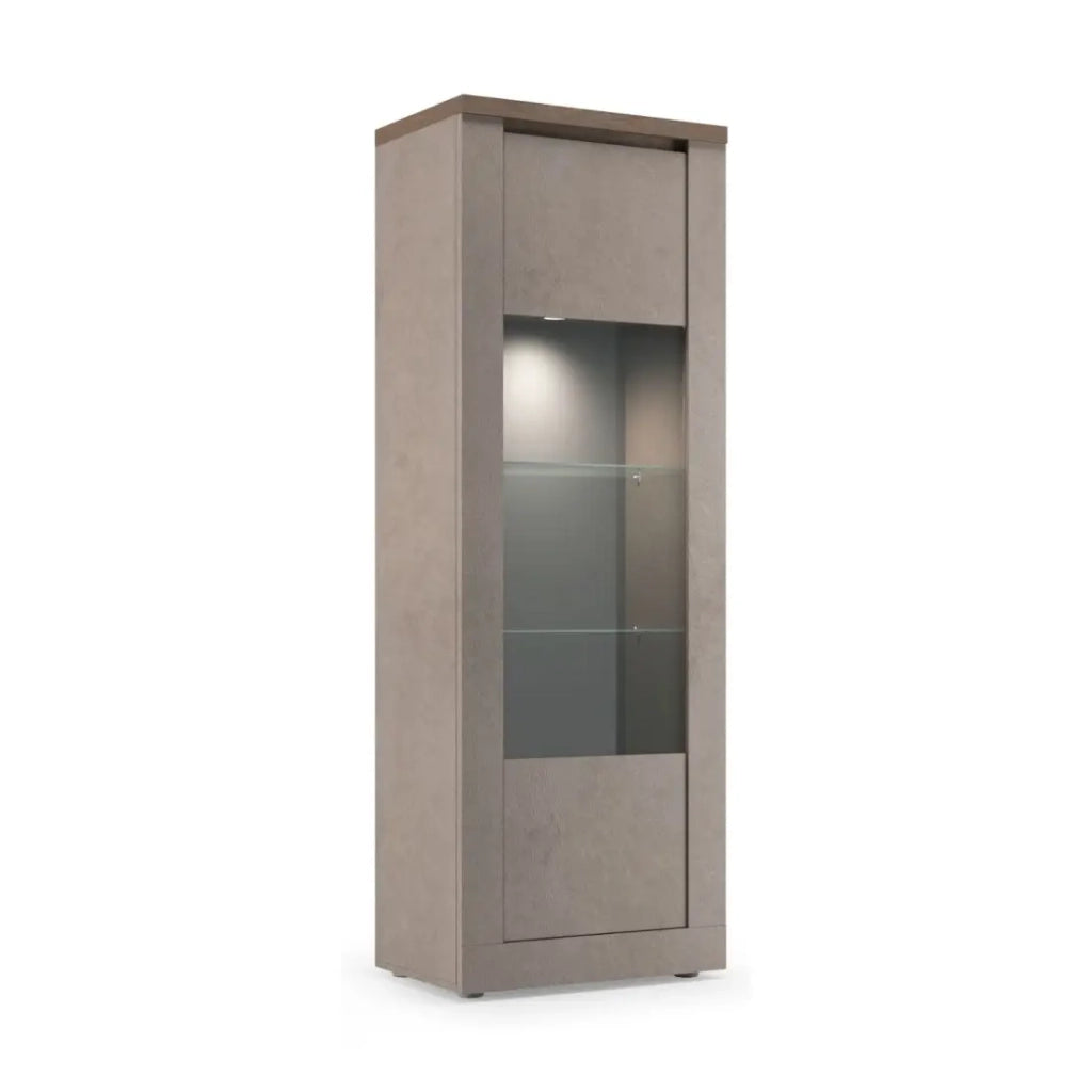 Vetrina SASHA – 1 porta con ripiani in legno e vetro – Bronzo e piano in legno Mercurio