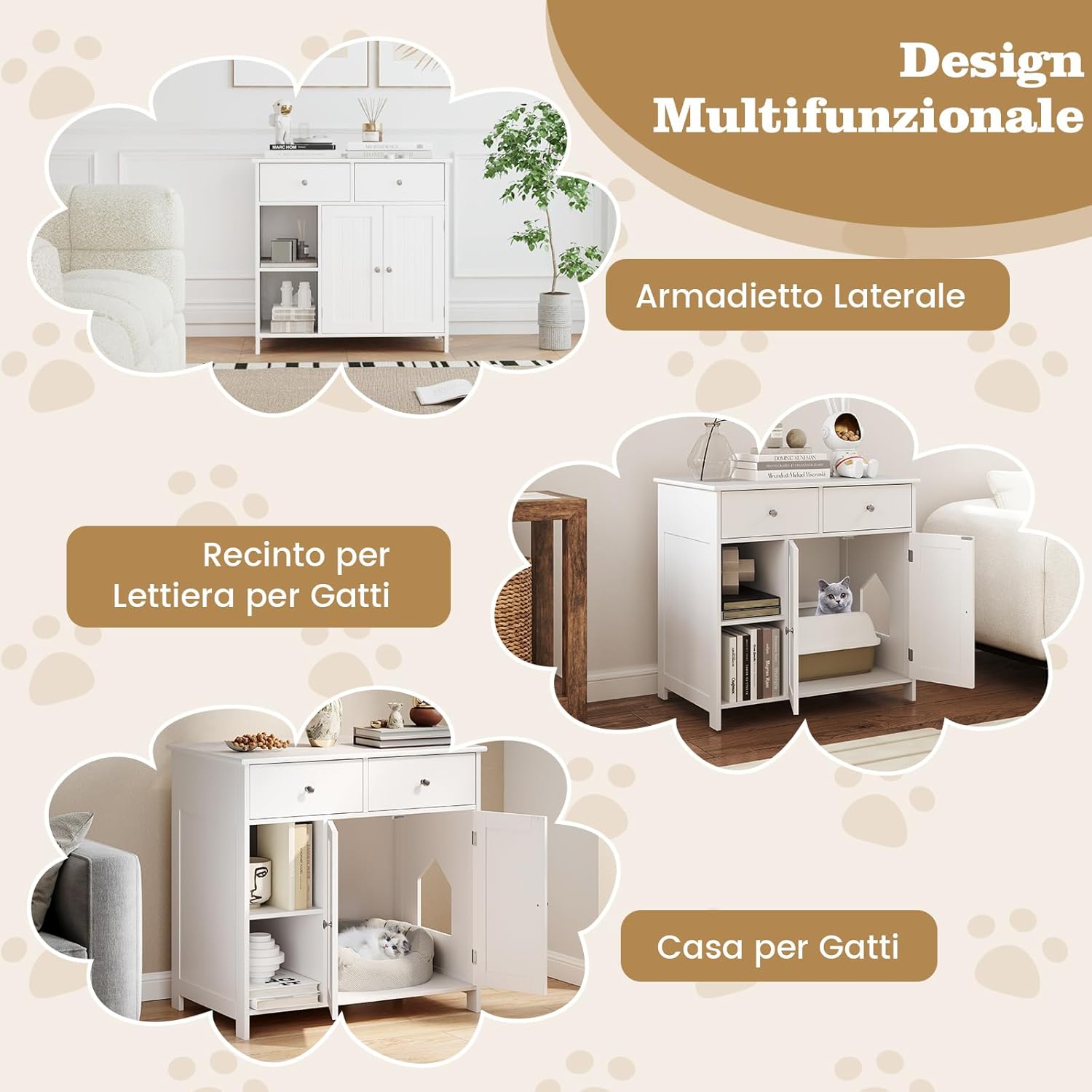 Lettiera Nascosto per Gatti, Mobile Laterale per Gatti con 2 Cassetti, 2 Porte, Ripiani Aperti e Dispositivi Anti-Ribaltamento, Armadio Salvaspazio per Animali Domestici Interno, Bianco