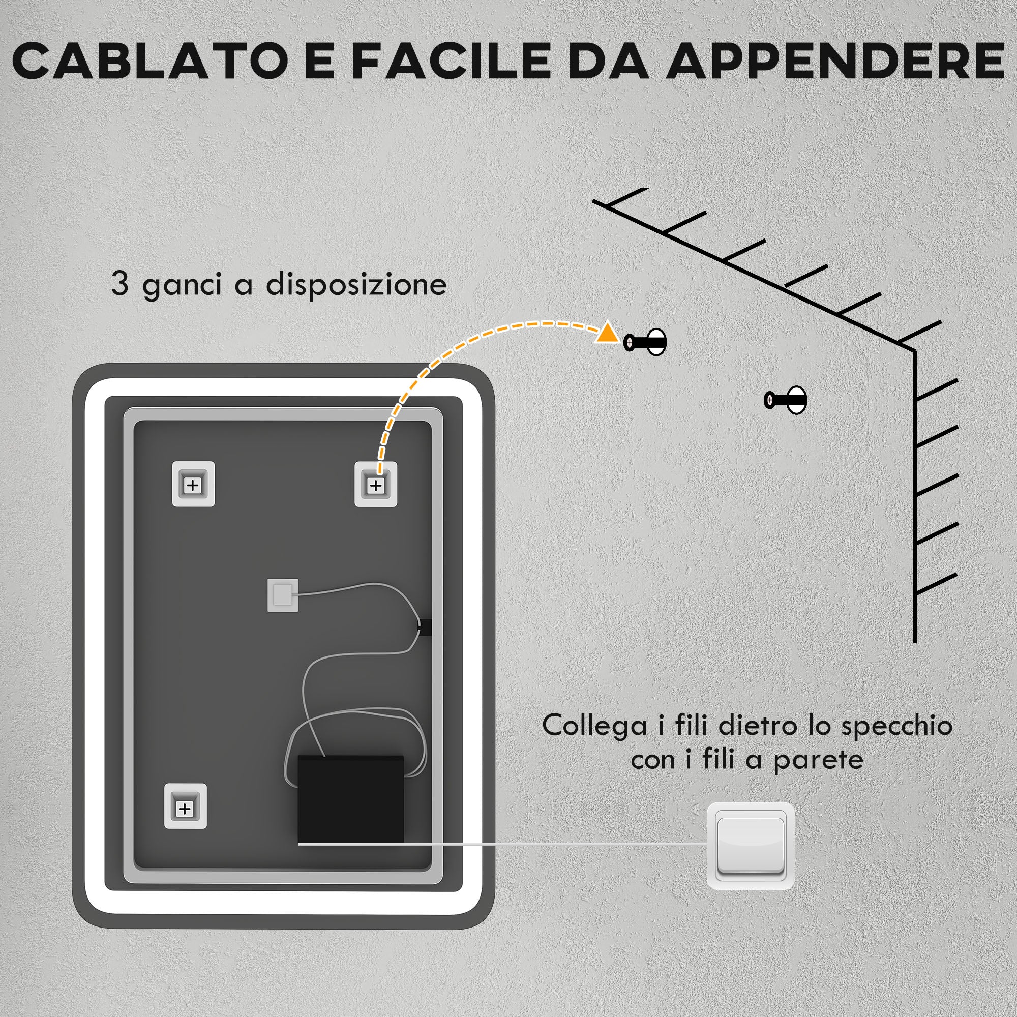 Specchio Bagno 60x80 cm LED Touch con Luce Dimmerabile a 3 Temperature e Antiappannamento