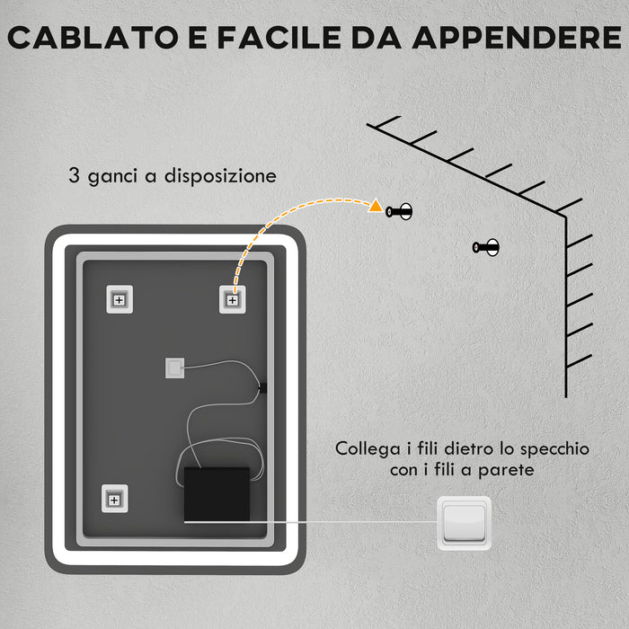 Specchio Bagno 60x80 cm LED Touch con Luce Dimmerabile a 3 Temperature e Antiappannamento