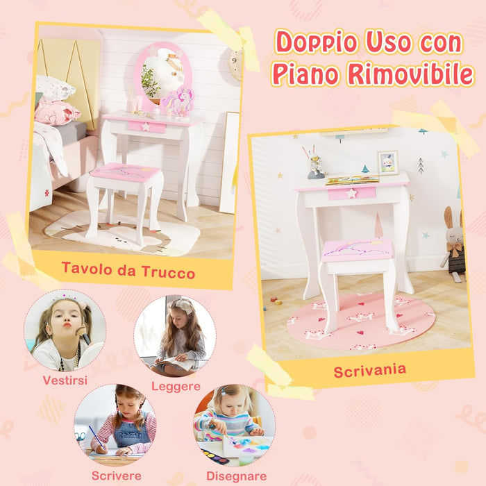 Set Toeletta per Ragazza, Toeletta Trucco per Bambini con Sgabello, Specchio Staccabile e Cassetto, Postazione Trucco in Legno per Cameretta 49.5 x 35.5 x 89cm (Bianco)