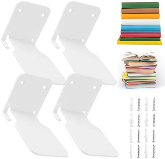 4 pacchi di mensole per libri adesive, mensole per libri in sospensione, mensole per libri appese, mensole per libri in sospensione, mensole per libri da parete per ufficio, camera da letto e soggiorno