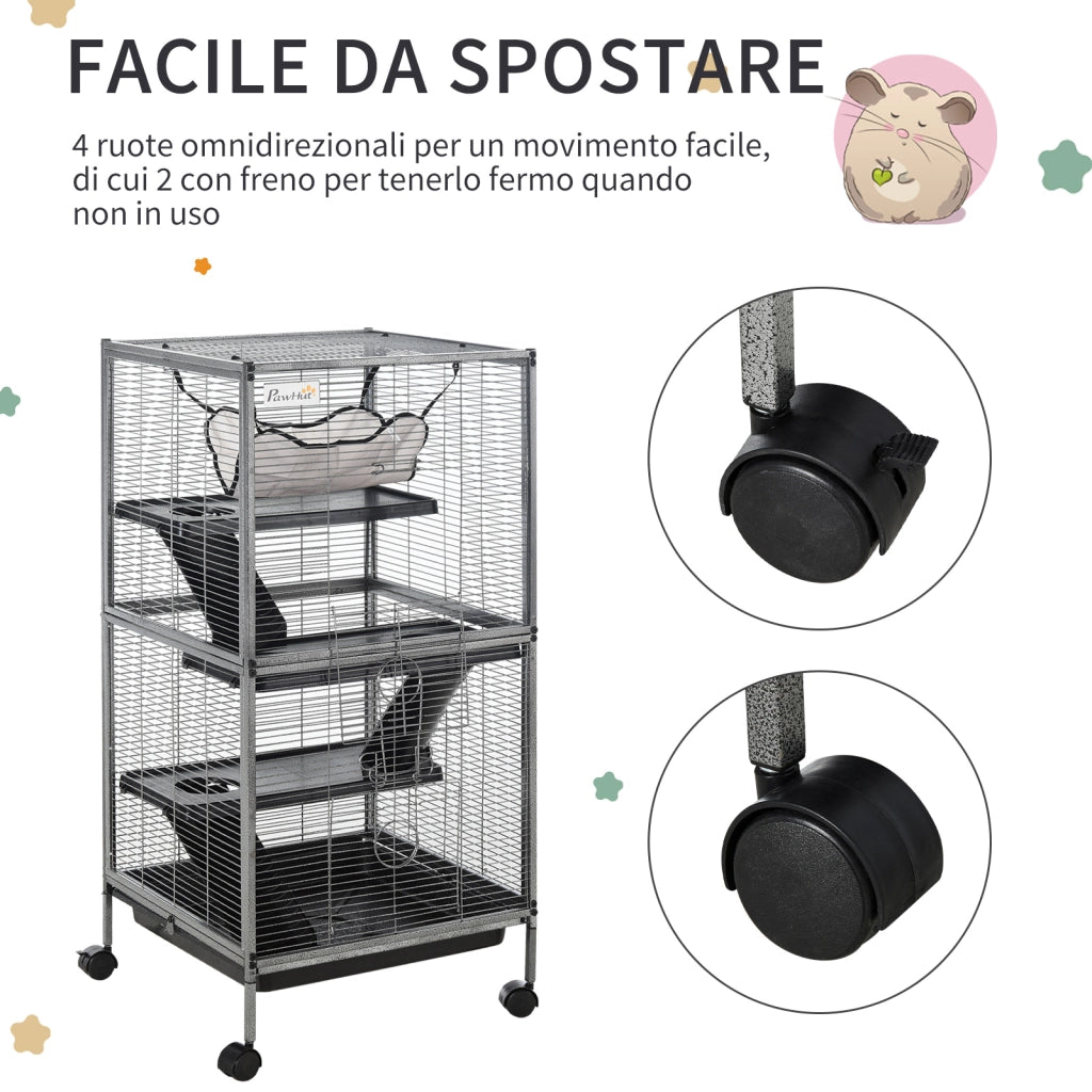 EasyComfort Gabbia per Piccoli Roditori in Acciaio, Gabbietta per Porcellini d'India e Cincillà con 3 Piani, 4 Ruote, Amaca e Vassoio Rimovibile, 52 x 52 x 113.5cm, Grigio Argento