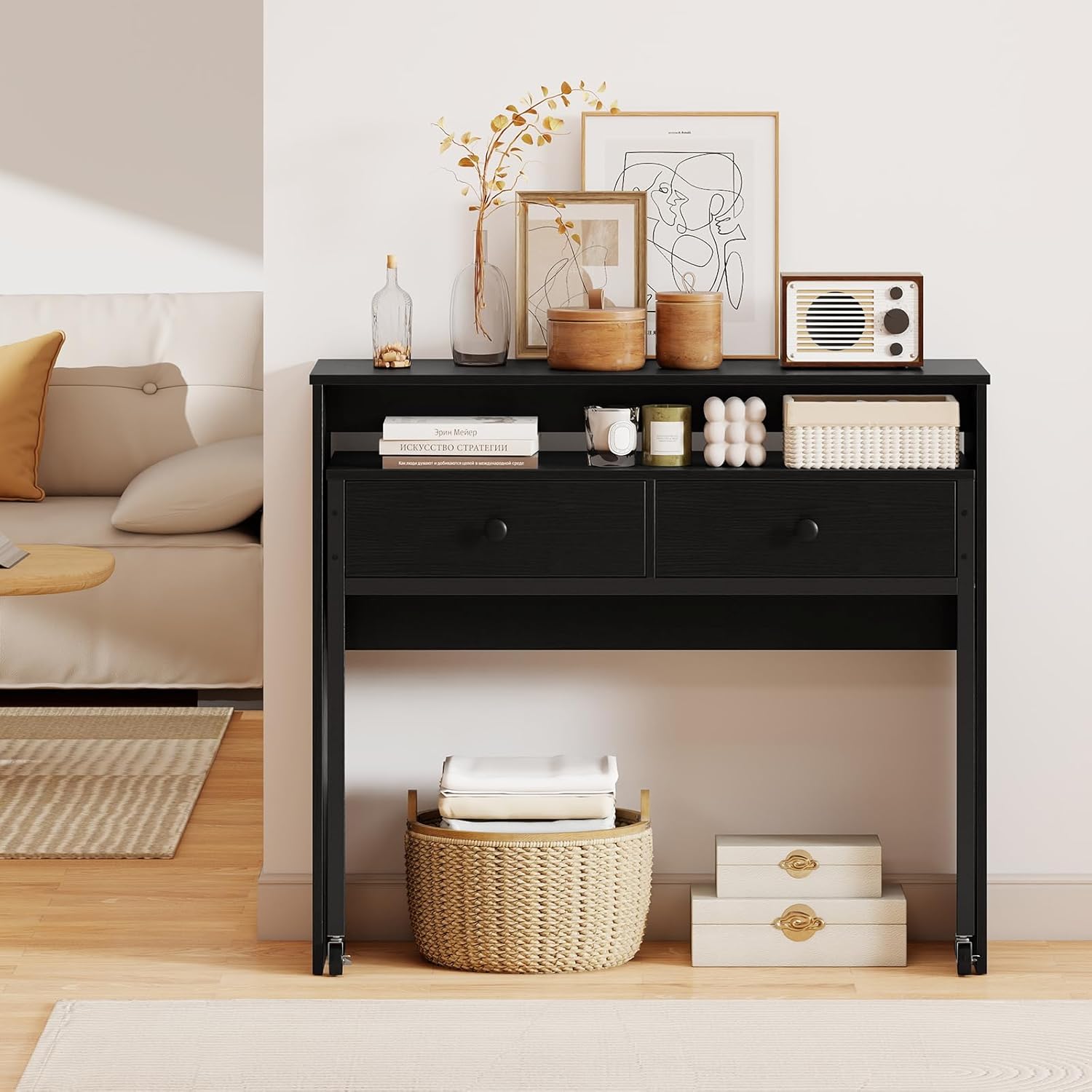 Scrivania per Computer, Tavolo Salvaspazio Retrattile con Cassetti e Ruote Universali Bloccabile, 100 x 63 x 88 cm, Desk Gaming per Ufficio, Soggiorno e Camera da Letto (Nero)