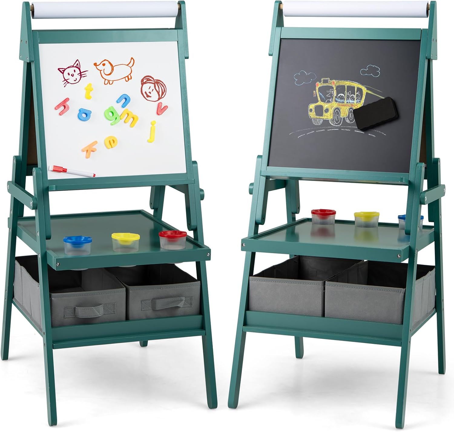 3 in 1 Cavalletto per Bambini, Cavalletto con Doppia Faccia Magnetica e Lavagna Bianca, Rotolo di Carta, 3 Bicchieri per Vernice e 2 Ceste in Tessuto, per Bambini 3-6 Anni (Verde)