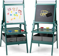 3 in 1 Cavalletto per Bambini, Cavalletto con Doppia Faccia Magnetica e Lavagna Bianca, Rotolo di Carta, 3 Bicchieri per Vernice e 2 Ceste in Tessuto, per Bambini 3-6 Anni (Verde)