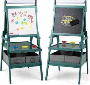 3 in 1 Cavalletto per Bambini, Cavalletto con Doppia Faccia Magnetica e Lavagna Bianca, Rotolo di Carta, 3 Bicchieri per Vernice e 2 Ceste in Tessuto, per Bambini 3-6 Anni (Verde)