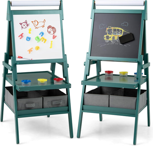 3 in 1 Cavalletto per Bambini, Cavalletto con Doppia Faccia Magnetica e Lavagna Bianca, Rotolo di Carta, 3 Bicchieri per Vernice e 2 Ceste in Tessuto, per Bambini 3-6 Anni (Verde)