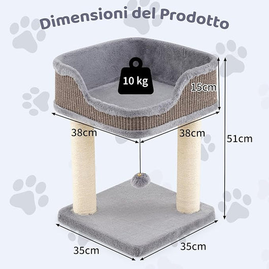 Albero per Gatti 38 x 38,5 x 51 cm, Torre per Gatti con Posatoio in Peluche, Pali Graffianti in Sisal e Palla Pendente, Centro Attività Moderno per Animali Domestici (Grigio)