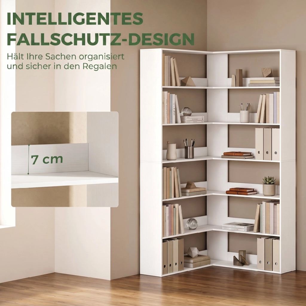 Libreria angolare a L 7 ripiani ¨C Xylo ¨C bianco effetto legno con protezione antiscivolo