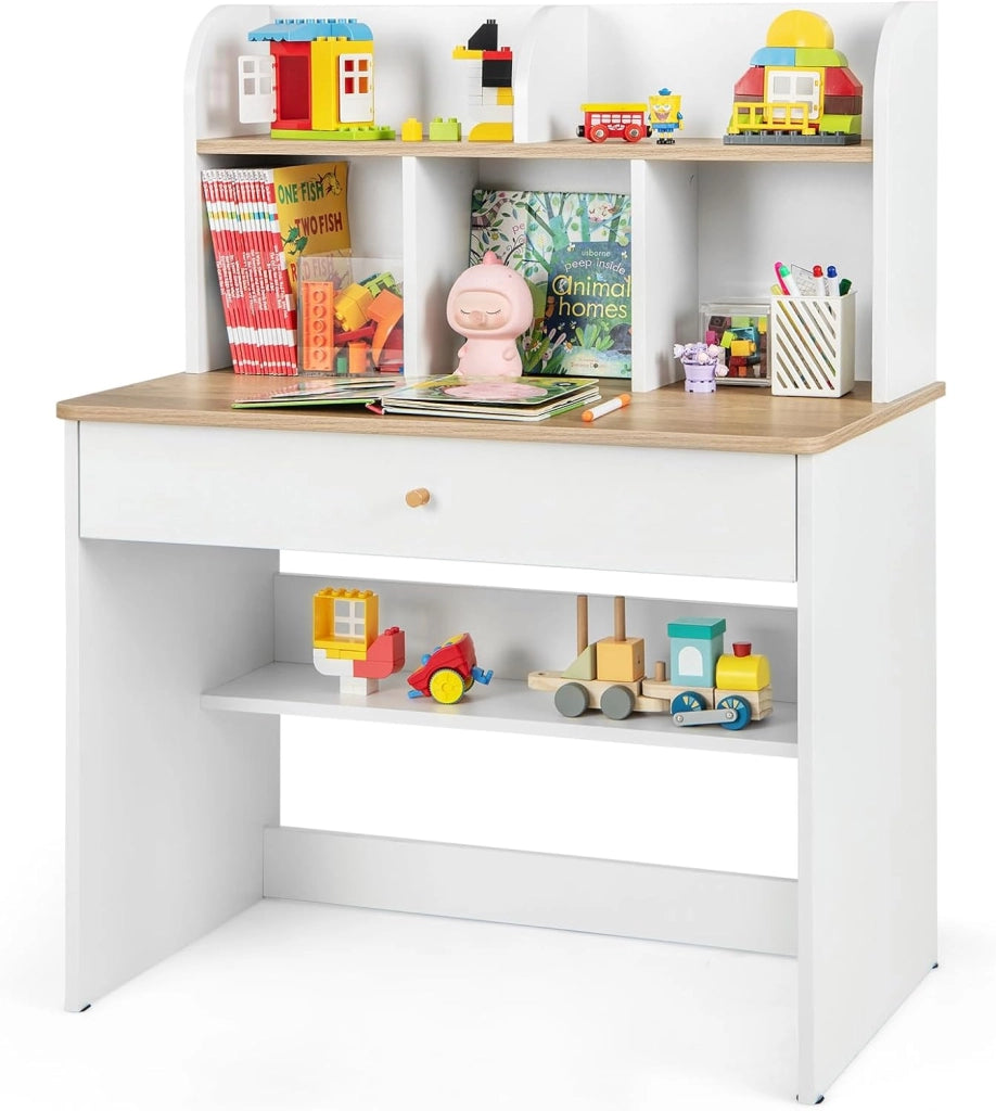 Scrivania in Legno 80 x 48 x 102 cm per Bambini 3+ Anni, Scrivania Cameretta Bambina con 5 Mensole, 1 Cassetto, Spazio di Lavoro e Angoli Arrotondati, Ideale per Studio e Disegno (Naturale)