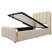 Letto singolo 90×200 cm contenitore con USB e Type-C; rete sollevabile; materasso incluso; lino; beige