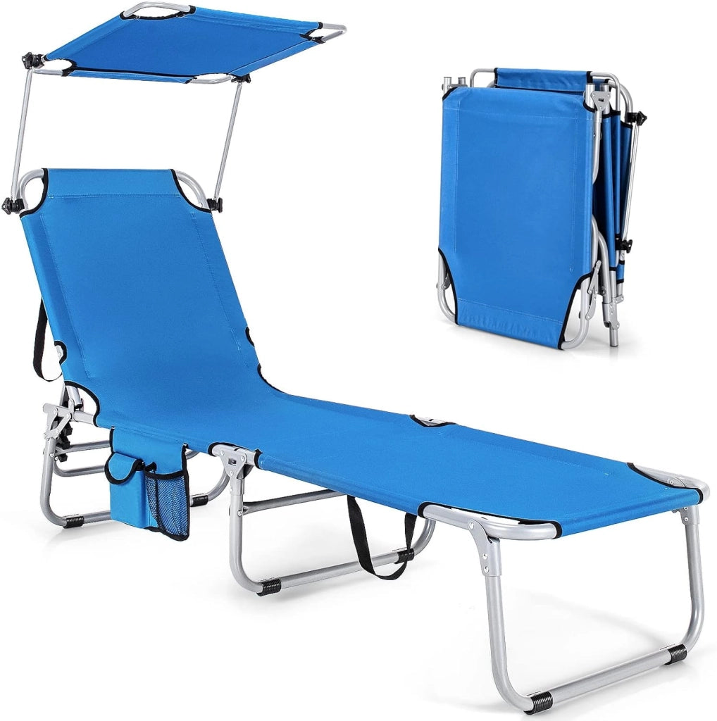Sedia da Giardino Sdraio Pieghevole Regolabile in 5 Posizioni, Lettino da Sole Reclinabile, Ergonomia con Parasole e Tasca Portaoggetti Laterale, Poltrona da Giardino, 3 Colori (Blue)