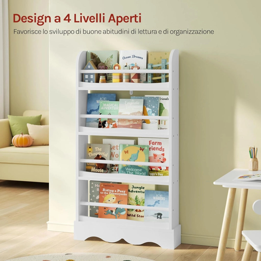 Libreria Montessoriana per Bambini, Scaffale Porta Libri Salvaspazio a 4 Ripiani, Piccola Libreria a Muro in Legno, per Cameretta, Stanza dei Giochi, 60x12x108cm