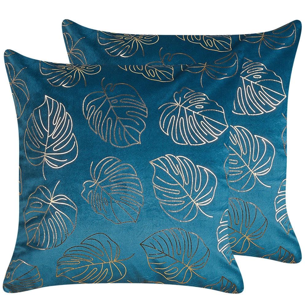Set di 2 cuscini decorativi velluto Blu 45 x 45 cm Foglia Stampa Glamour Decor Accessori