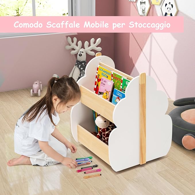Libreria per Bambini in Legno, Scaffale di Stoccaggio a 2 Livelli per Bambini e Bambine, Organizzatore di Libri e di Giocattoli, Ideale per Caremetta e Nido, 52 x 46 x 62,5 cm (Bianco)