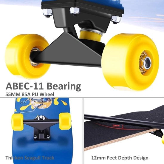 70 x 20 cm complete tavola da skate con legno di esdoorne canadese - tavola da skate 7 layer concava con piede doppio - per principianti di tutte le età