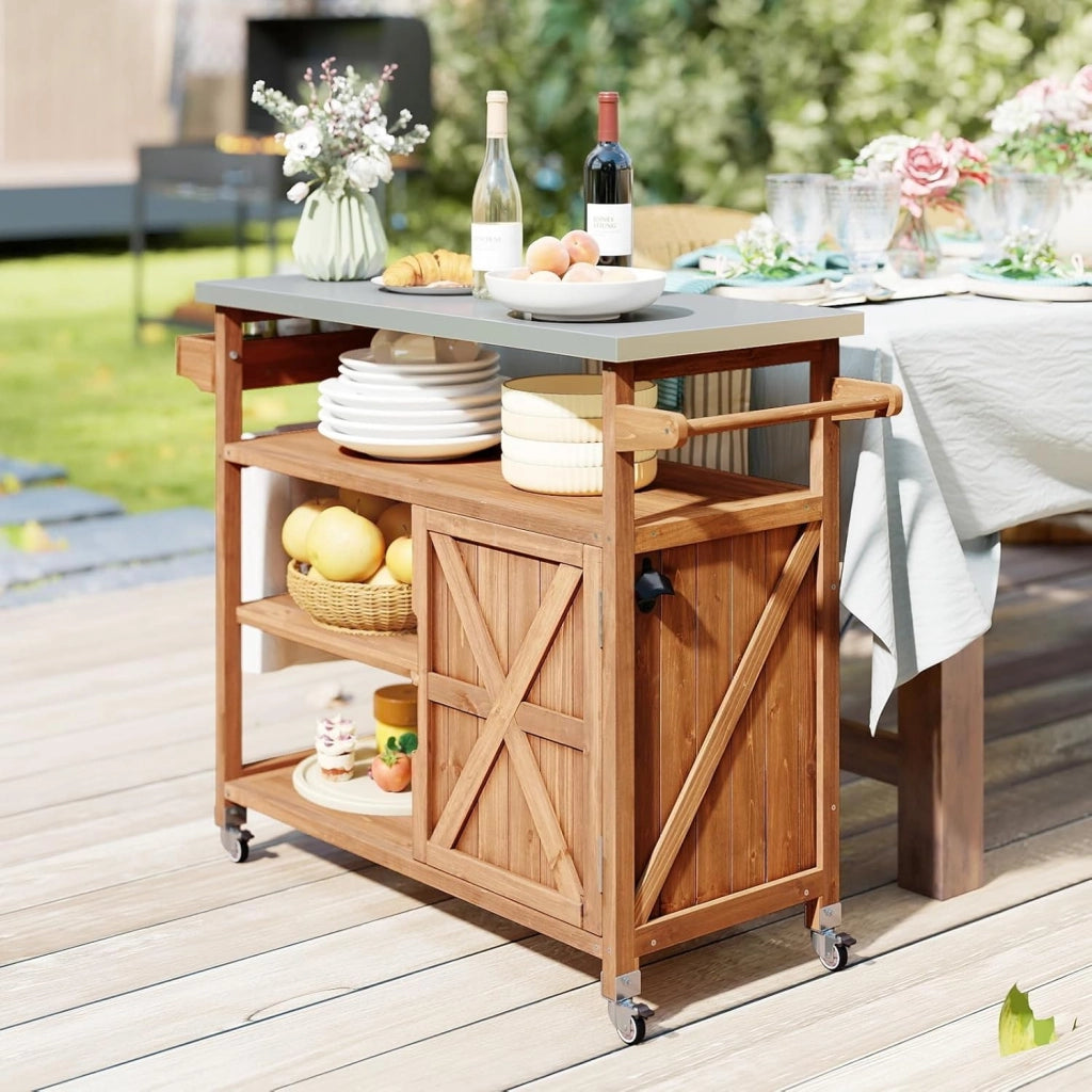 Carrello in legno con piano di lavoro in acciaio inox, ripiano aperto, armadio, 2 scomparti, porta asciugamani, apribottiglie per alimenti, stoviglie