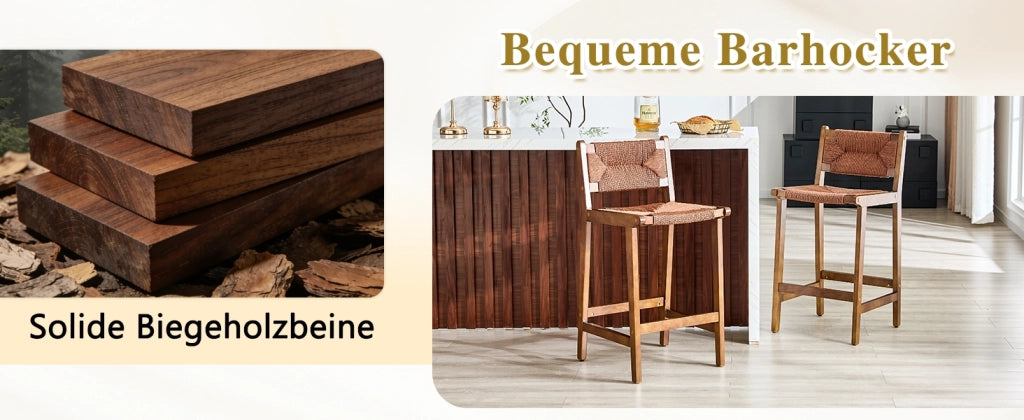 Sgabello da bar set di 2 in legno massiccio con schienale curvo e seduta in corda intrecciata per cucina noce