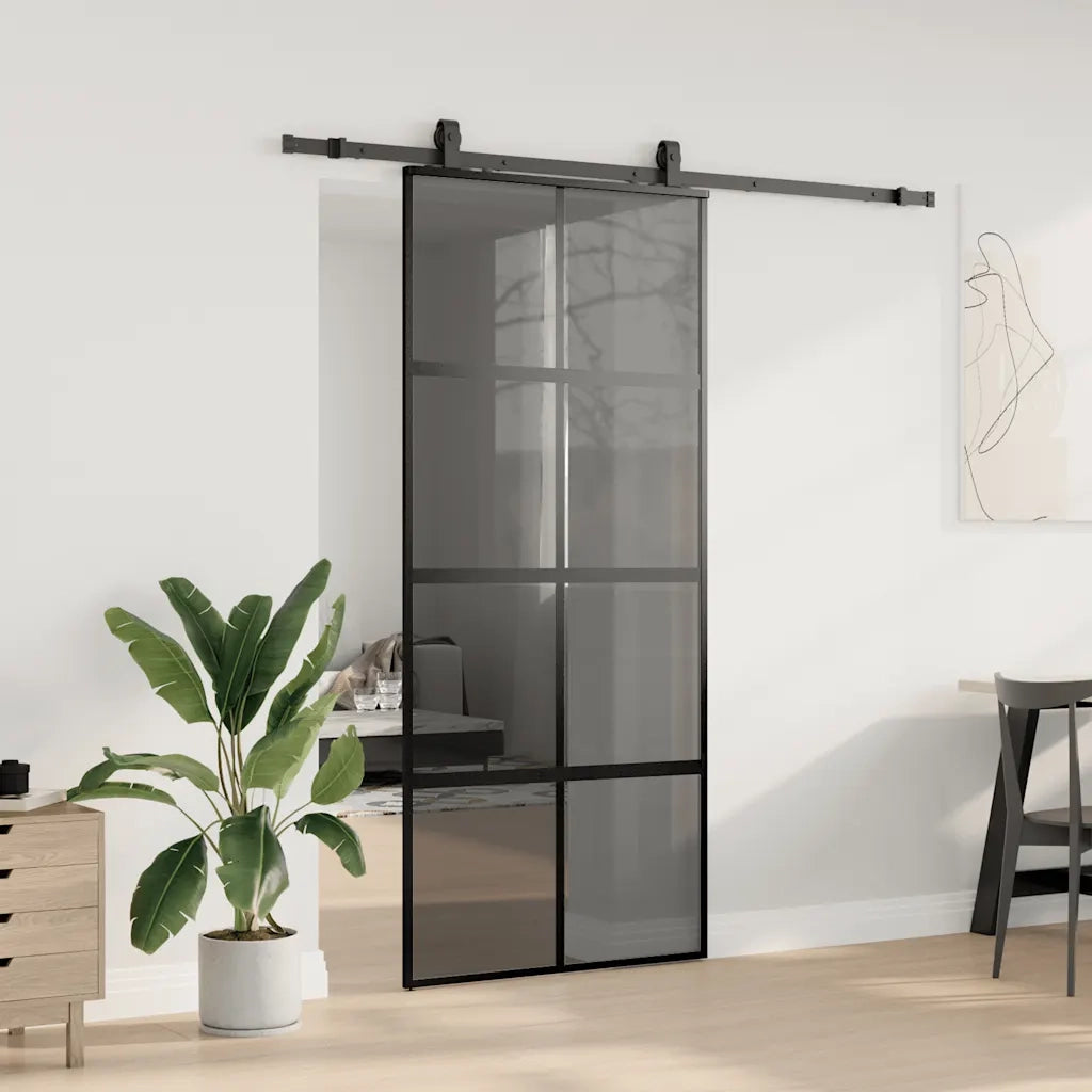 Porta Scorrevole Set Ferramenta Nera 90x205 cm Vetro Temperato 3375896