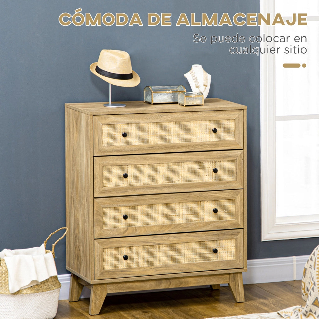 Cassettiera 4 Cassetti ¨C Xylo ¨C Legno Naturale Frontale Rattan 80x35x95cm