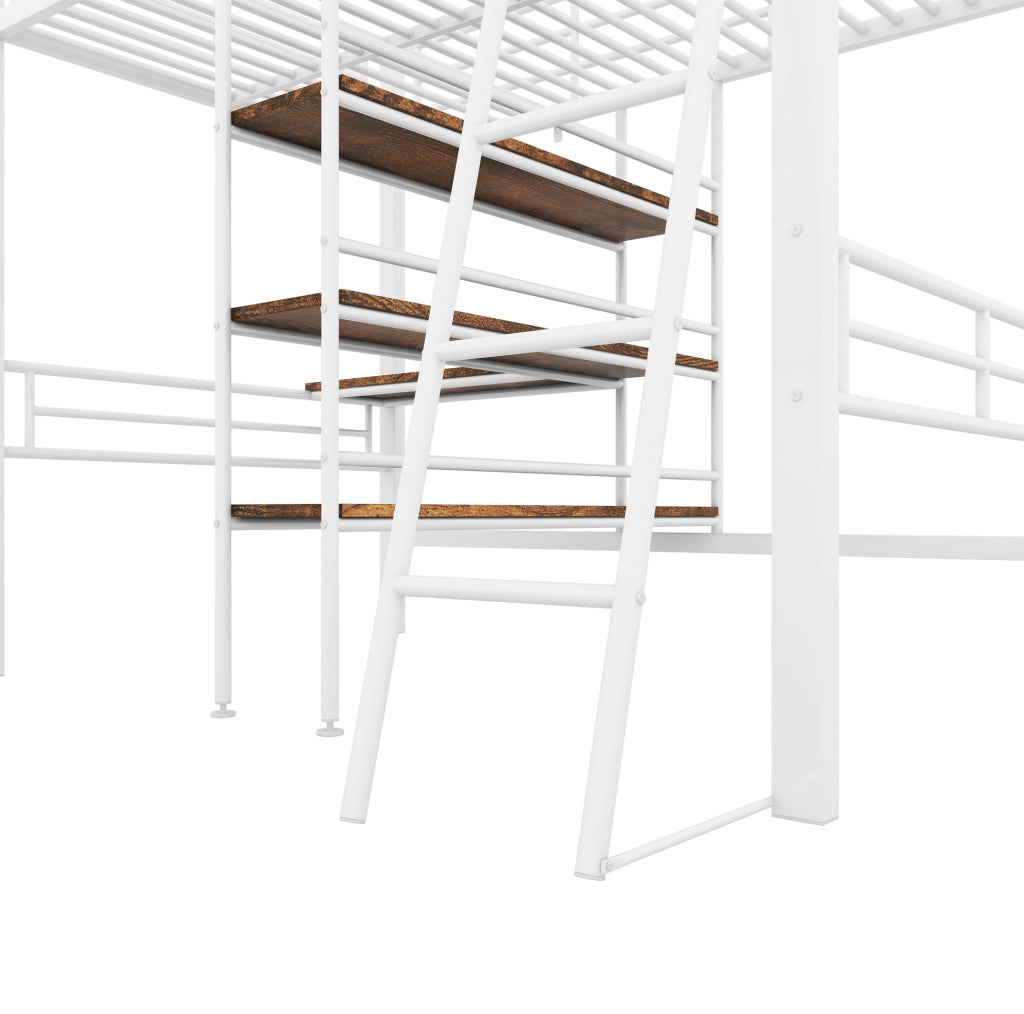 Letto a soppalco 90x200 cm in metallo con scrivania, ripiani e scala, bianco