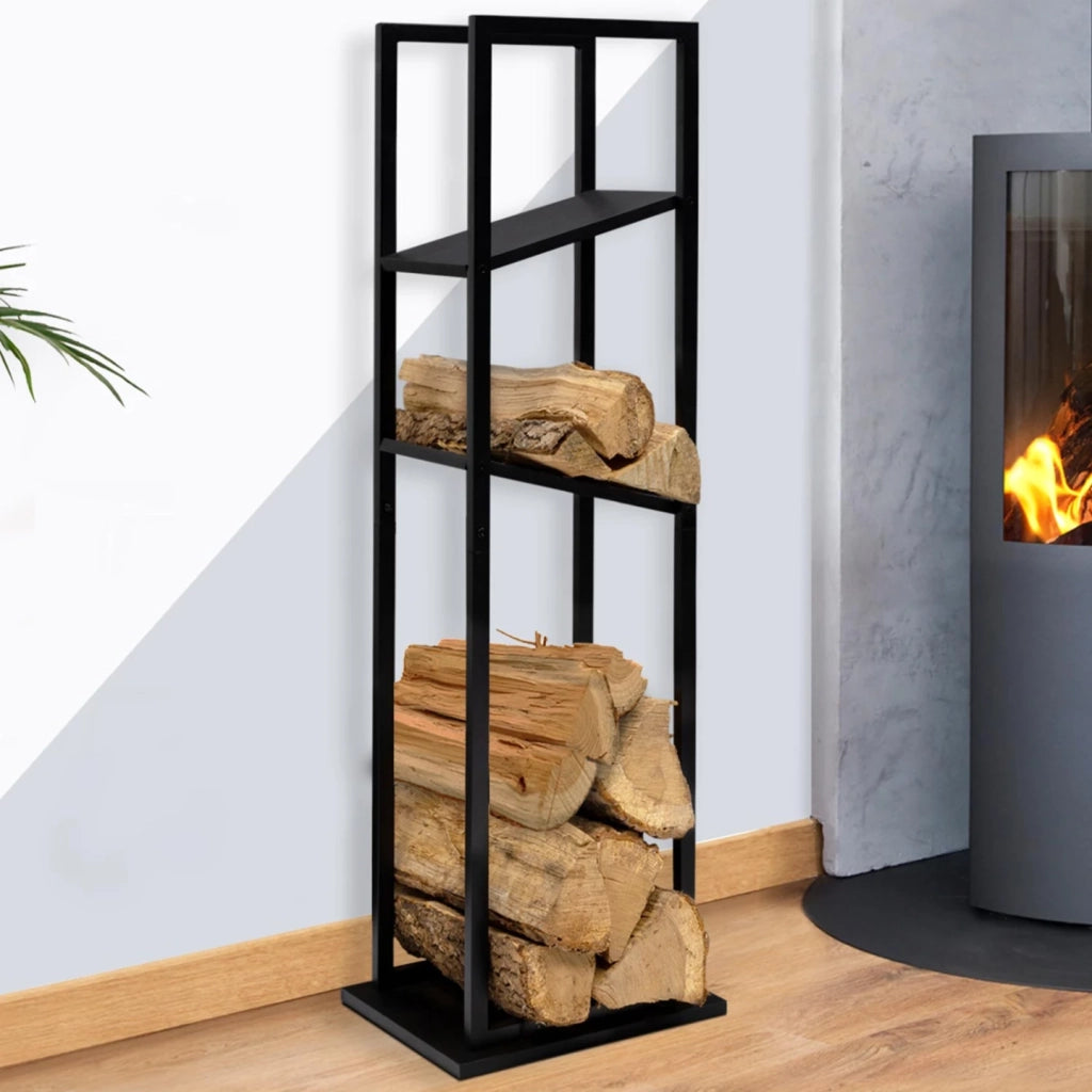 IDMarket - Portaceppi verticale in acciaio nero con 2 ripiani H.112 CM per caminetti