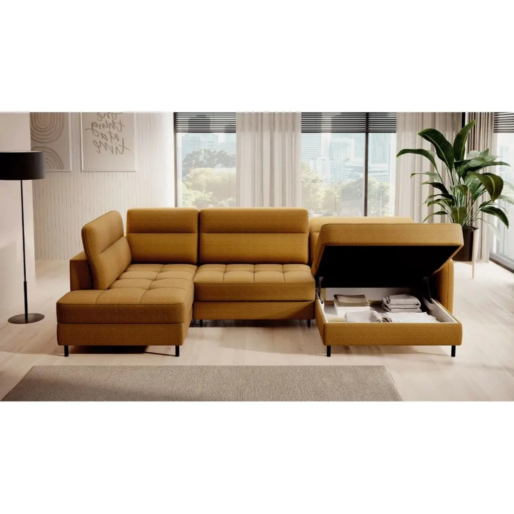 Canapé d'angle convertible BERTHO 306 cm giallo aranciato – Angolo destro con contenitore