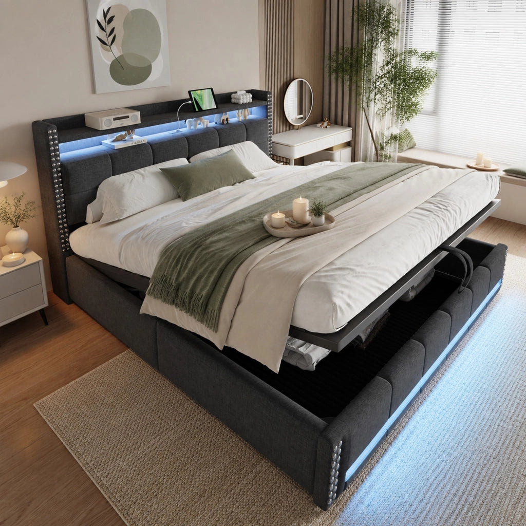 LETTO Imbottito 180x200 cm Grigio in Tessuto Lino con LED, USB e contenitore