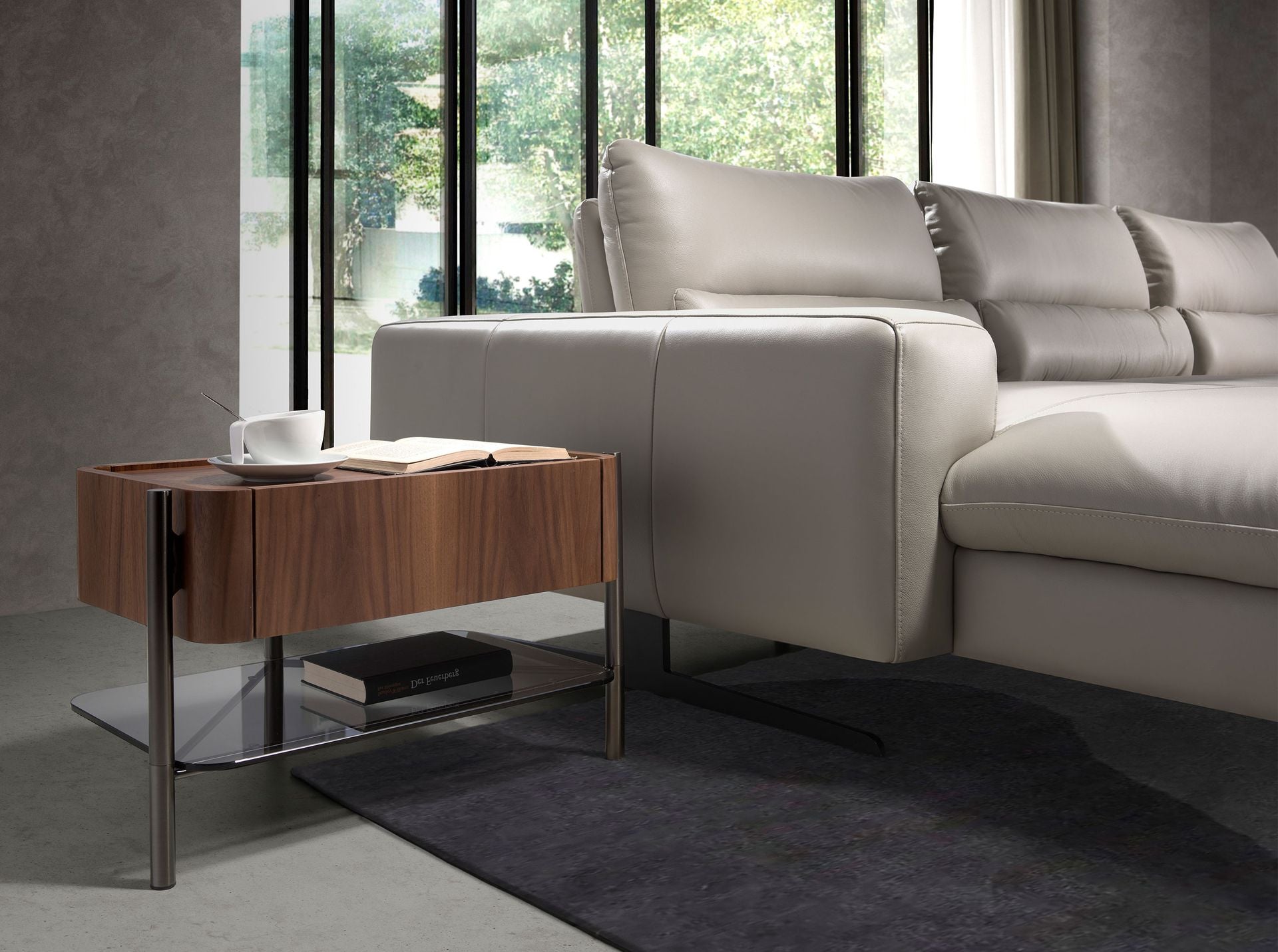 Comodino noce e acciaio scuro