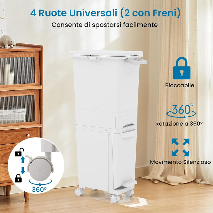 3 in 1 Pattumiera 32L, Cestino per Rifiuti con 2 Cassetti, 2 Scomparti Superiori e Adesivi, Pattumiera in Plastica a Pedale per Cucina Sala da Pranzo Soggiorno, 40x26x84 cm