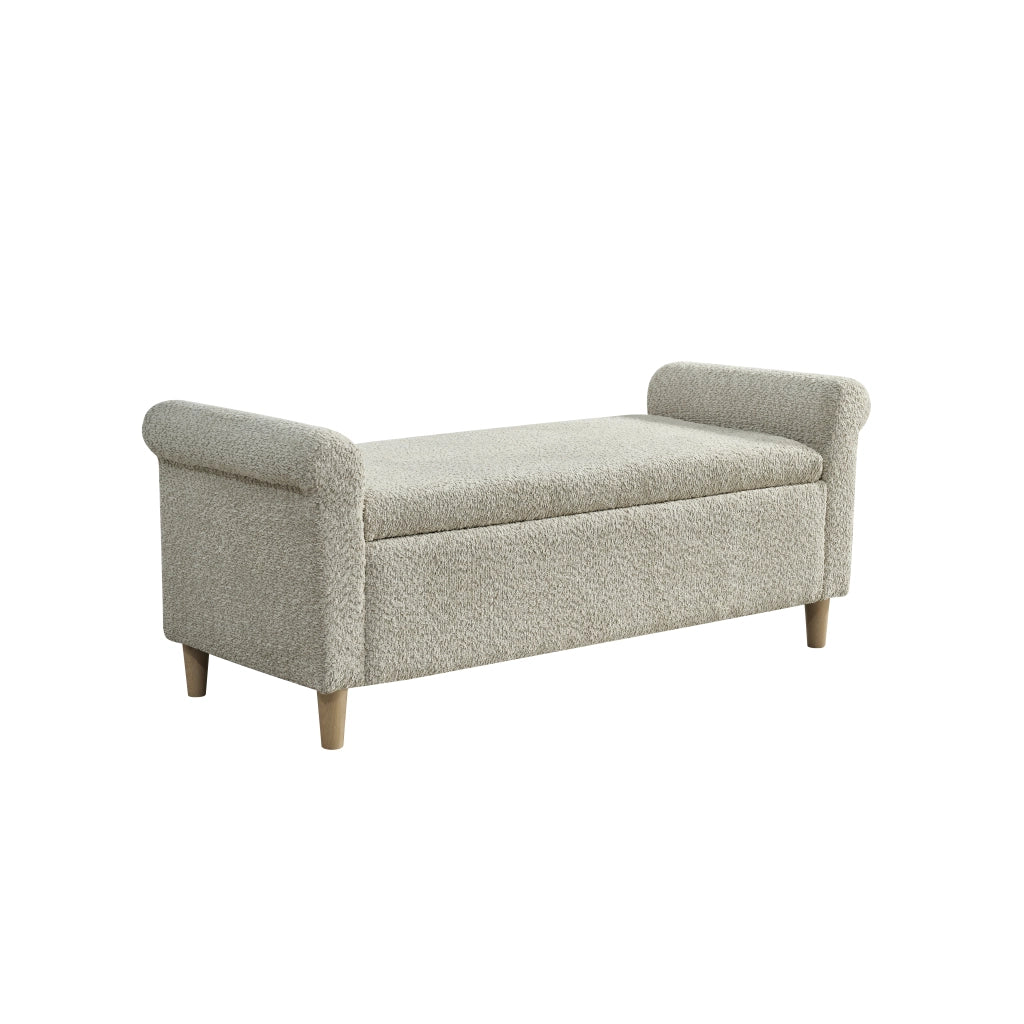 Pouf contenitore con coperchio sollevabile e struttura in legno stile scandinavo per salotto e camera da letto cammello